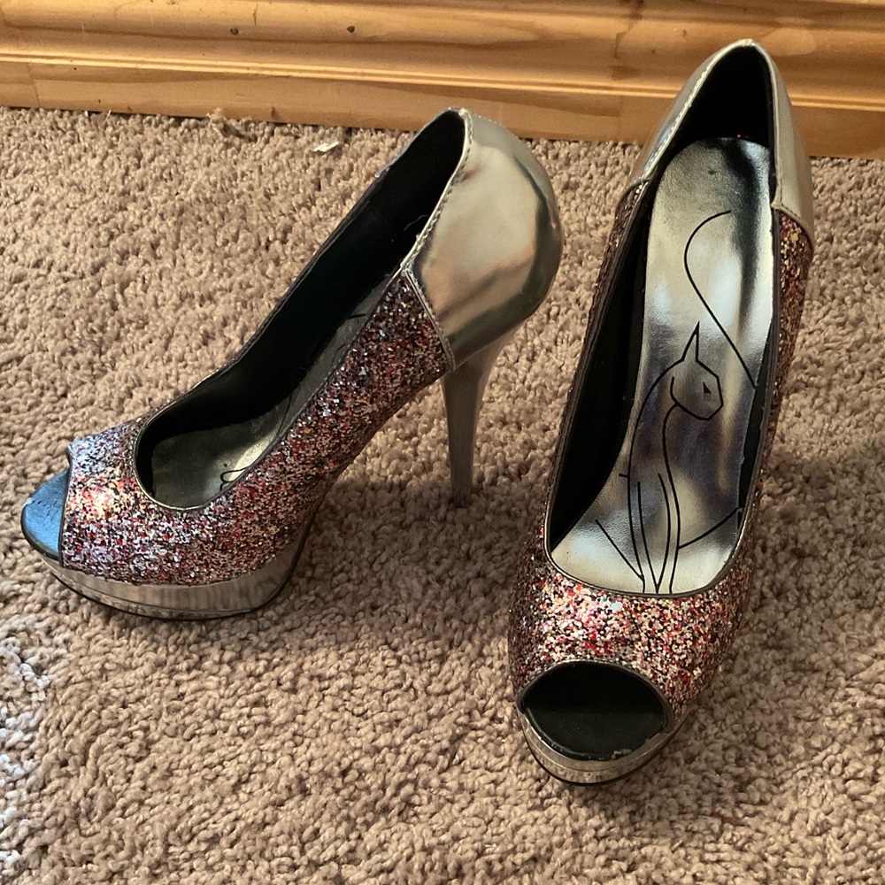 Baby Phat | Glitter Silver Platform High Heels